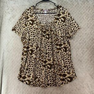 New Mix Blouse Womens 3XL Animal Leopard Print Short Sleeve Pleated Neckline